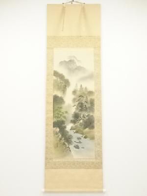 秀峰筆　彩色山水　肉筆絹本掛軸（保護箱）